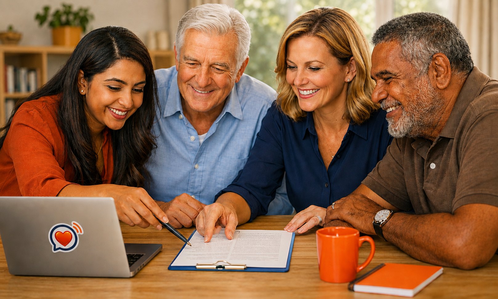 A care team reviewing client updates together at a table