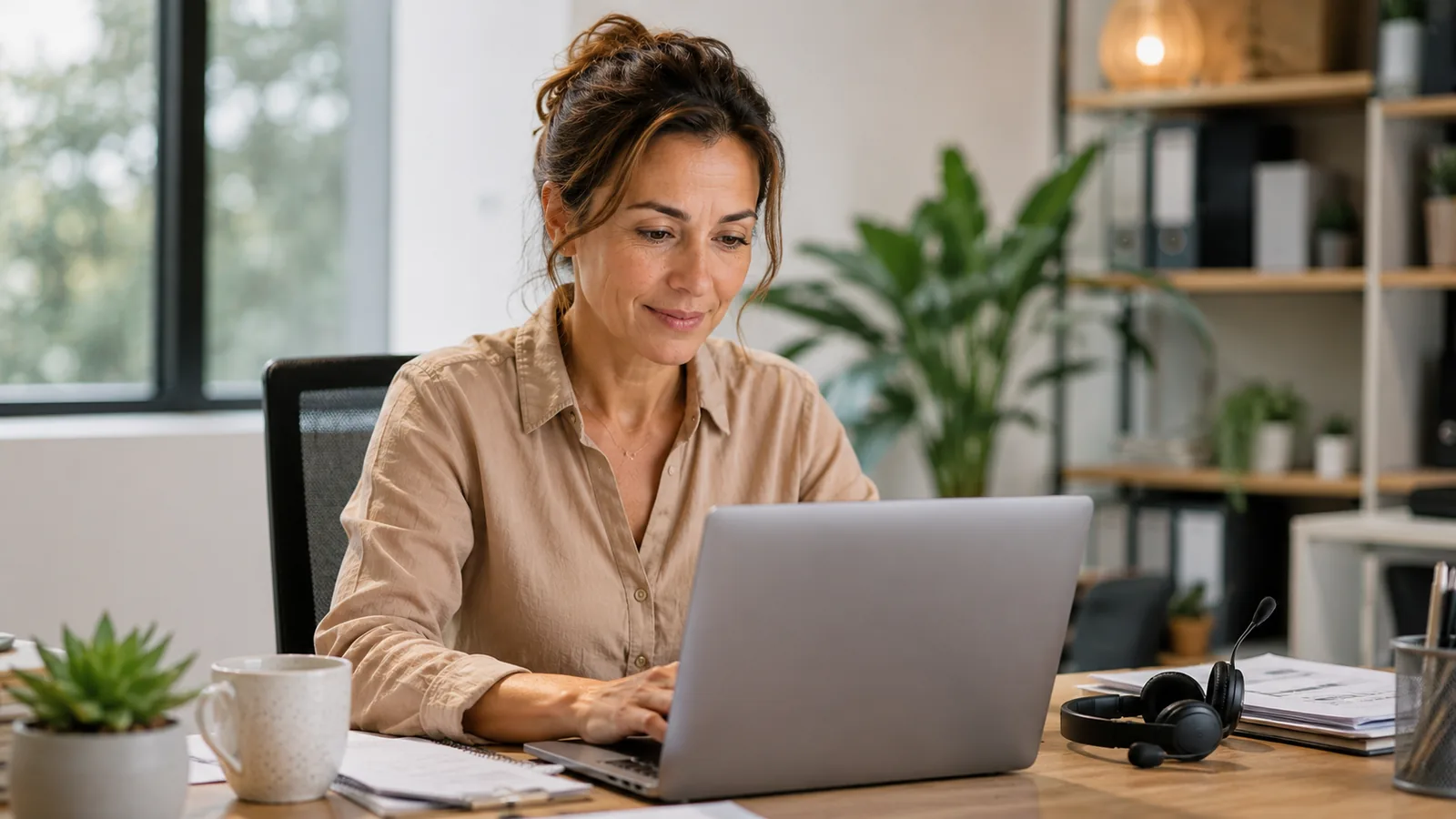 A care team member working calmly at a laptop