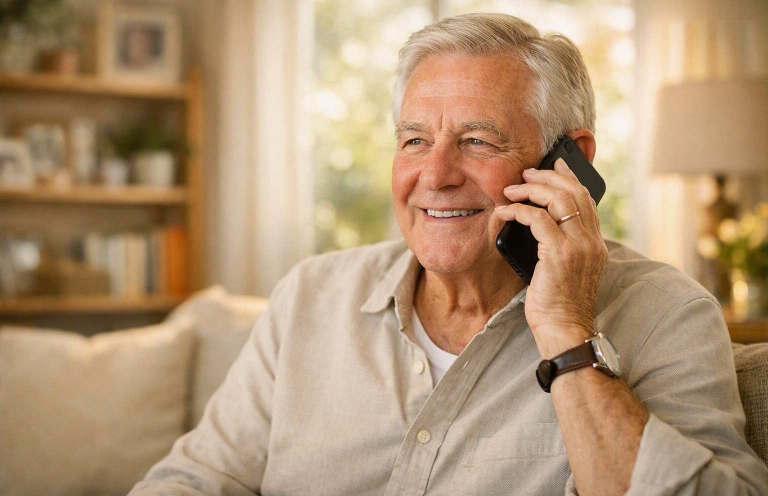 An older client taking a friendly call at home