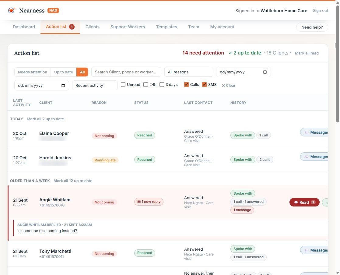 The NAS action list, one row per client with status, last contact and history