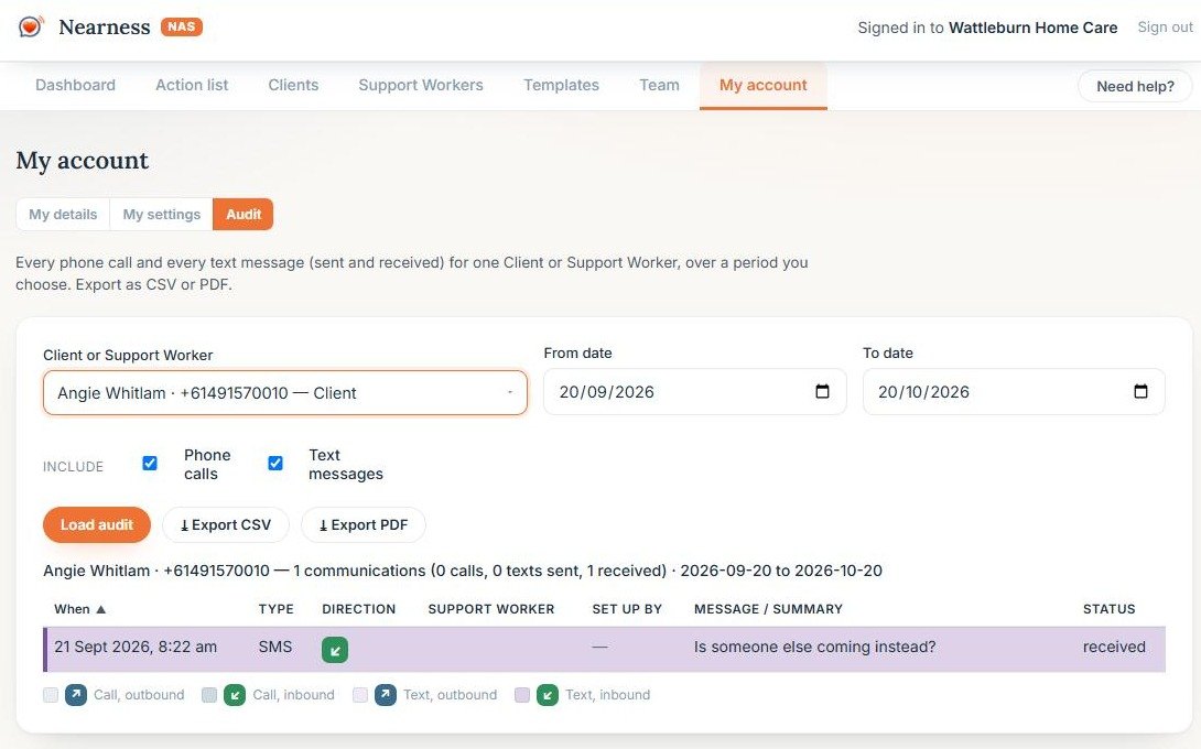 The NAS communication audit for one client over a date range
