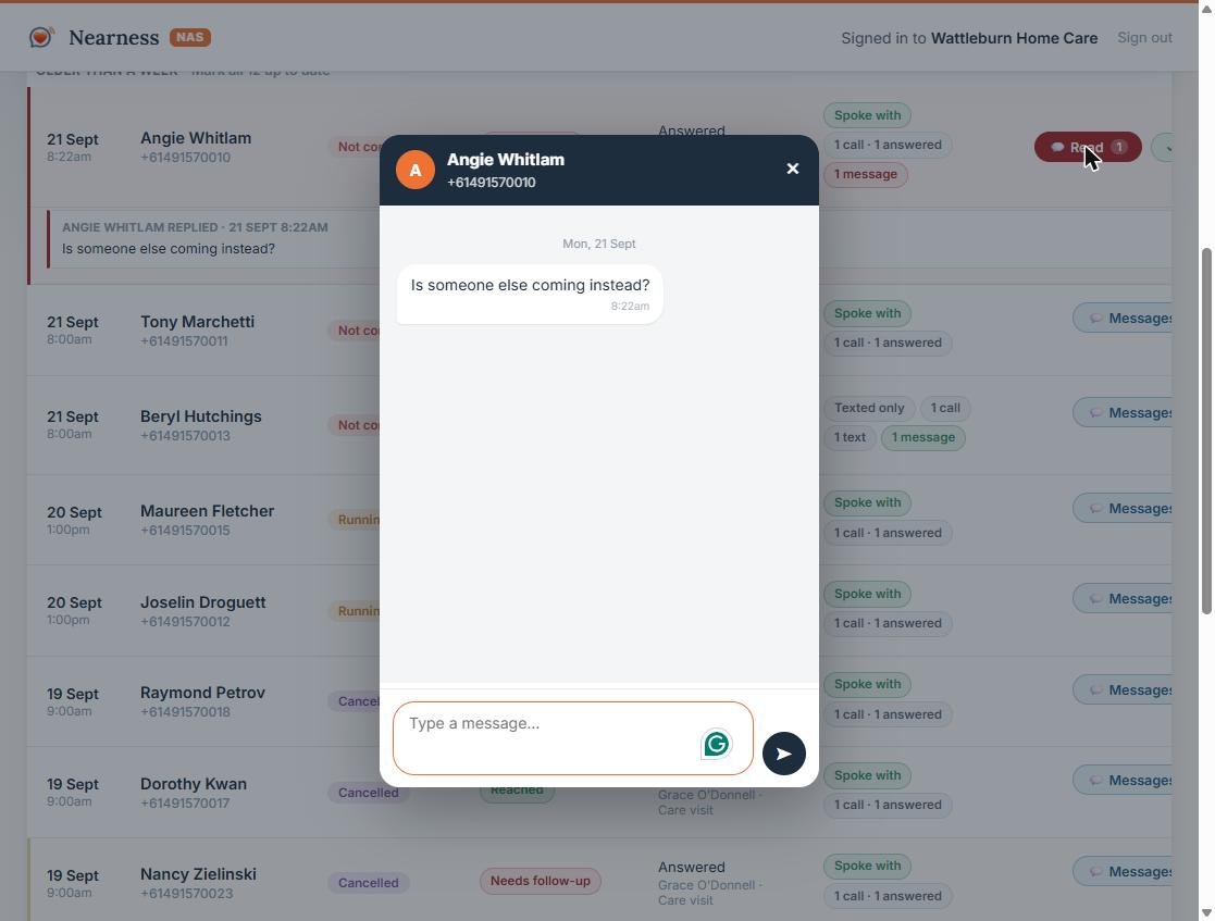 A two-way text conversation with a client, answered from inside the dashboard