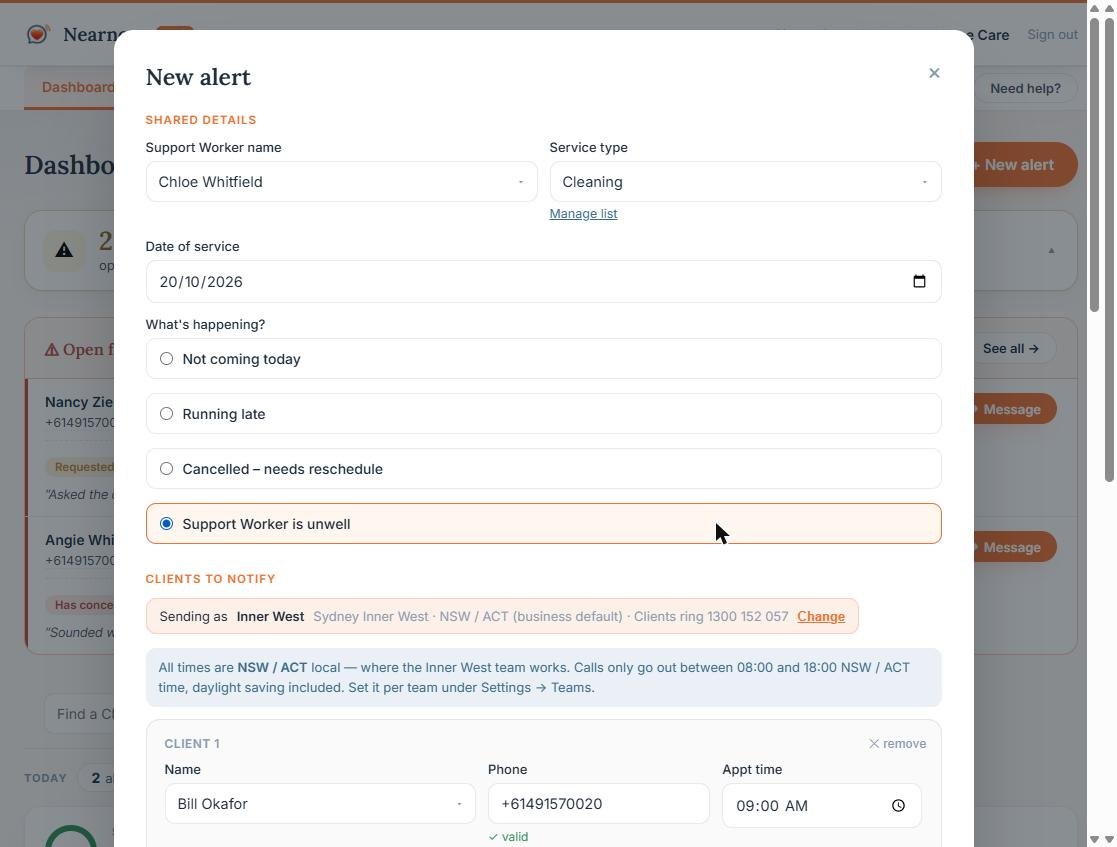 The New alert form: worker, service, date and what has happened