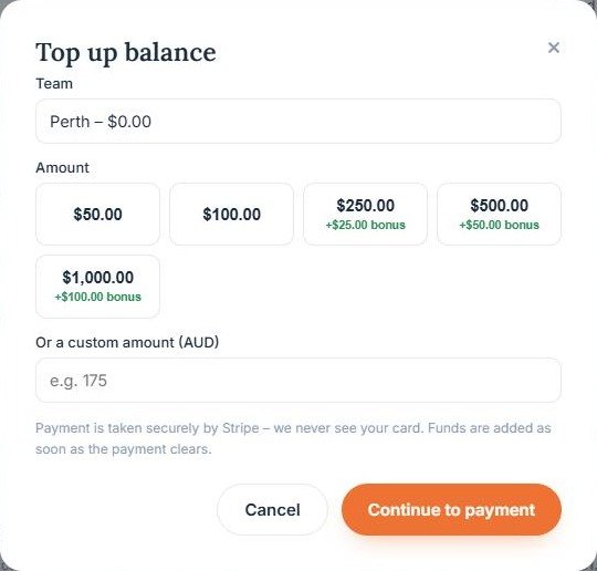 Topping up a team’s balance by card, with the 10% bonus shown on larger amounts