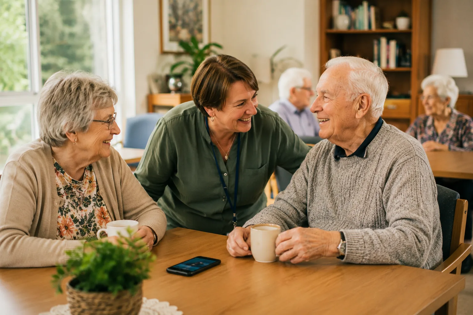 Older Australians and a carer sharing a warm moment together