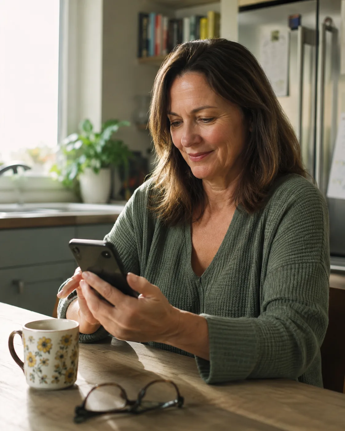 An adult daughter checking in on her elderly mother by phone