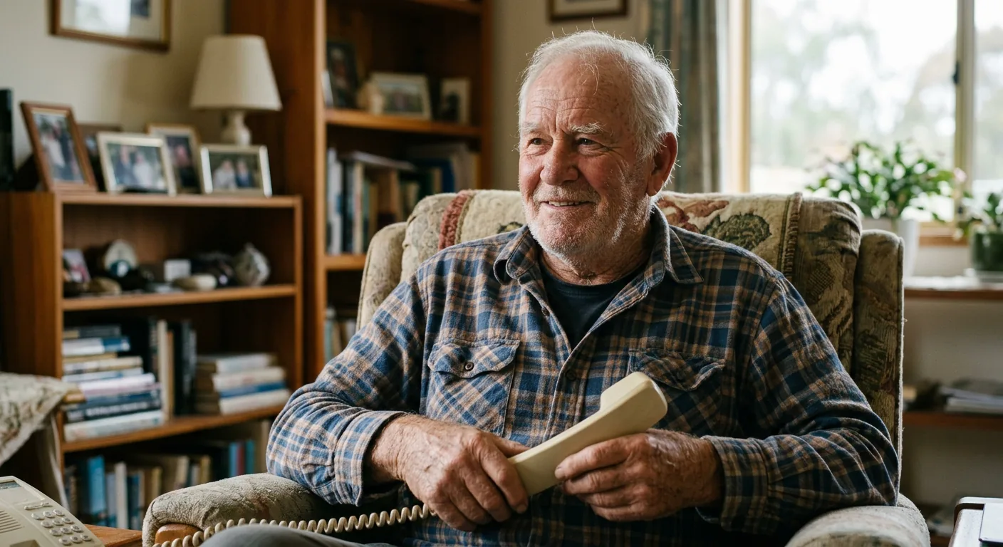 An older Australian woman smiling during a phone call at home