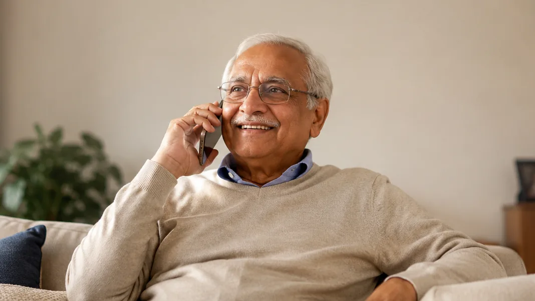 An older Australian chatting warmly on the phone at home