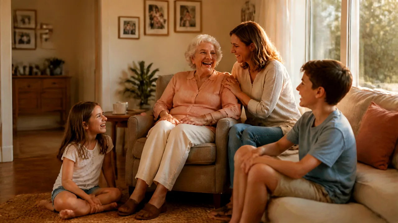 Family members together with an older relative, sharing a warm moment