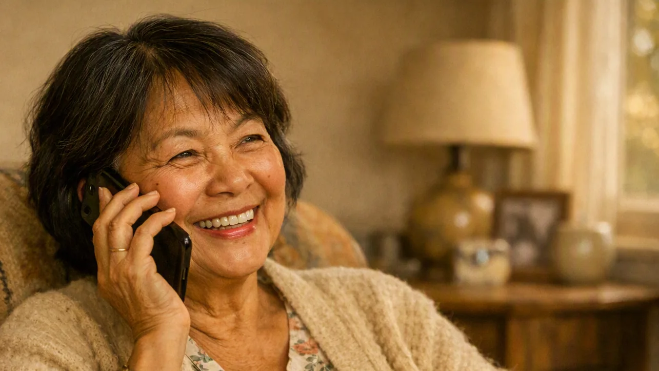 An older Australian woman smiling on the phone in a cosy armchair
