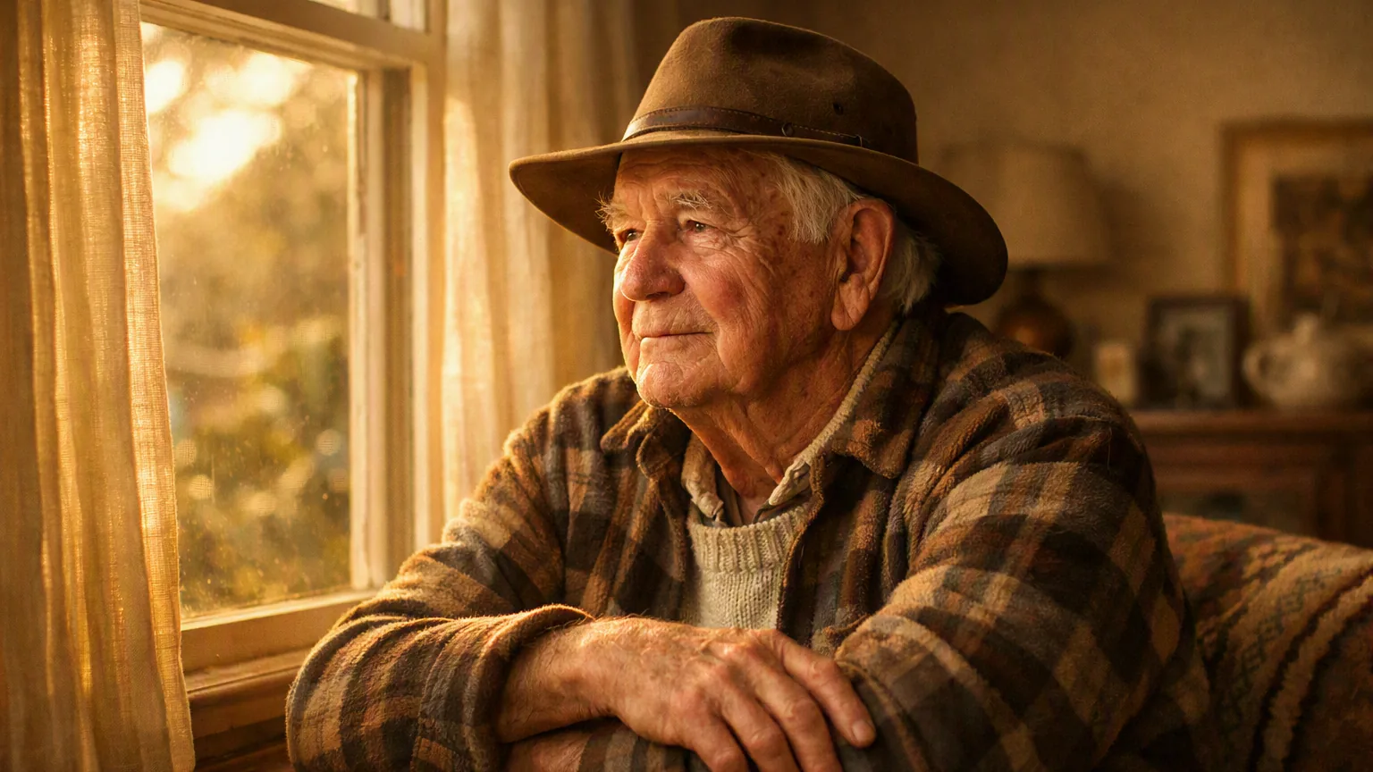 An older Australian sitting quietly by a sunlit window at home