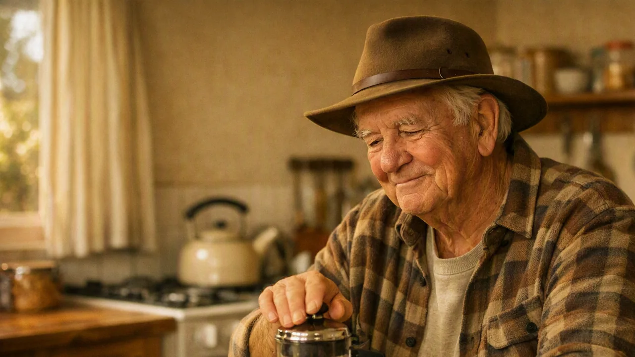 An independent older Australian man making a cup of tea in his kitchen