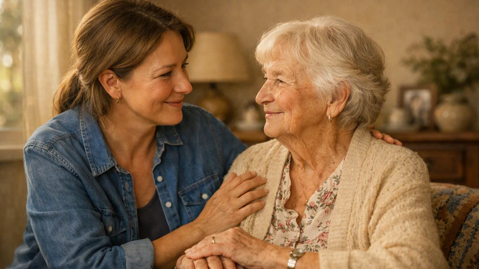 An adult daughter sitting and talking warmly with her elderly mother at home